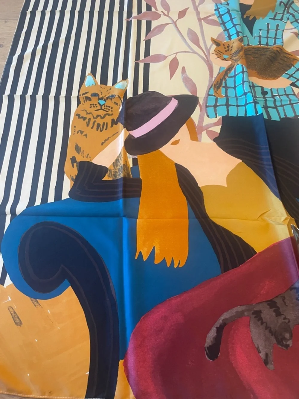 Illustrated Cats & Women Silk Scarf - Multicolor - Picture 3 of 5